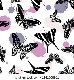 Pretty seamless butterfly kite texture with blotter on white.  Spring butterfly hover theme vector. Repeating insect soar backdrop for cover.