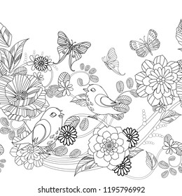 pretty seamless floral border with birds for your coloring book