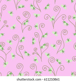 Pretty Seamless Floral Pattern in Liberty Style. Ditsy Romantic Vintage Ornament with Small Bellflowers and Swirls in Light Colors. Simple Cute Motif for Wallpaper, Textile, Fabric, Cloth, Dress
