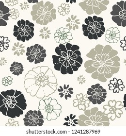 Pretty, seamless floral pattern in neutral tones. Multi directional vector design with light background. Great for many uses- packaging, textiles, home decor, fashion, stationery, invitations.
