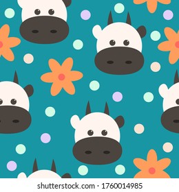 Patrón bastante transparente. Toros y flores en un fondo azul. Fondo animal inagotable para proyectos de etiquetas de diseño, pegatinas, empaque, textiles, comestibles. Ilustración vectorial, eps 10.