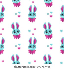 Pretty seamless pattern with cute bunny face on white, vector girlish background