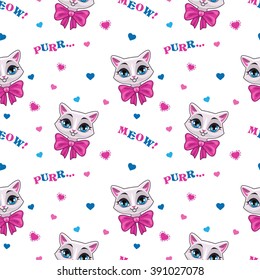 Pretty seamless pattern with cute kitty face on white, vector girlish background