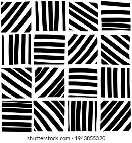 Pretty seamless pattern of doodle stripes in blocks, in black and white. Geometric graphic retro. Less is more. Background illustration in vector