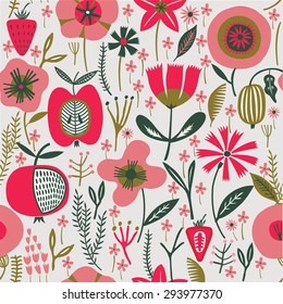 Pretty Seamless Pattern, Flowers & Fruits.