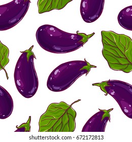 Pretty seamless pattern made of colorful hand drawn eggplants.