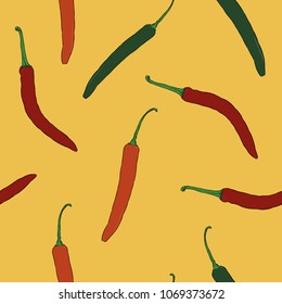 Pretty seamless pattern made of hand drawn colorful spicy chili peppers.