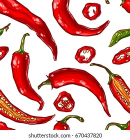 Pretty seamless pattern made of hand drawn colorful spicy chili peppers, whole and sliced, and leaves.