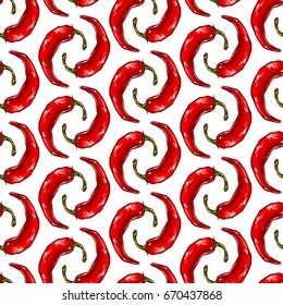 Pretty seamless pattern made of hand drawn colorful spicy chili peppers.