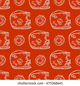 Pretty seamless pattern made of hand drawn dice sliced maasdam cheese and tomatoes.