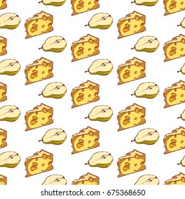 Pretty seamless pattern made of hand drawn colorful dice sliced maasdam cheese and pears.