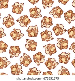 Pretty seamless pattern made of hand drawn colorful dice sliced maasdam cheese.