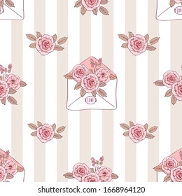 Pretty seamless pattern with pink roses in envelopes for textile, fabric manufacturing, wallpaper, covers, surface, gift wrap, scrapbooking. Background for birthday, March 8, wedding, Valentine's Day.