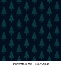 Pretty seamless pattern with winter forest, Christmas trees. Arty vector with blue green forest, trees spruce pine. Dark blue background. Holiday wrapping paper, textile print, stationery illustration
