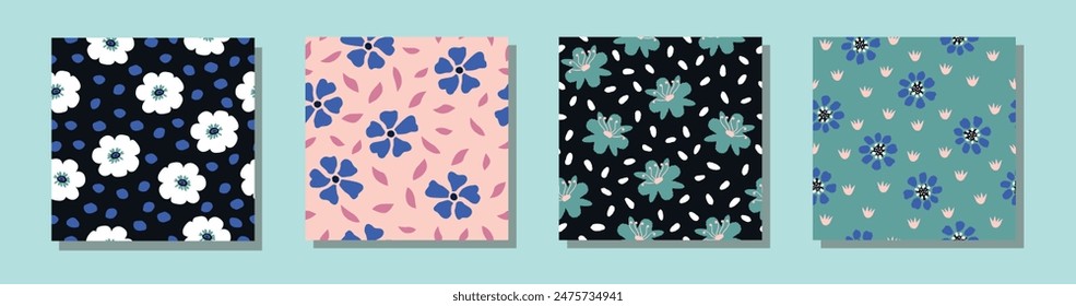 Pretty seamless repeat daisy flower, spot, dot, leaves pattern set. Vector illustration. No AI generated content in this pattern collection.