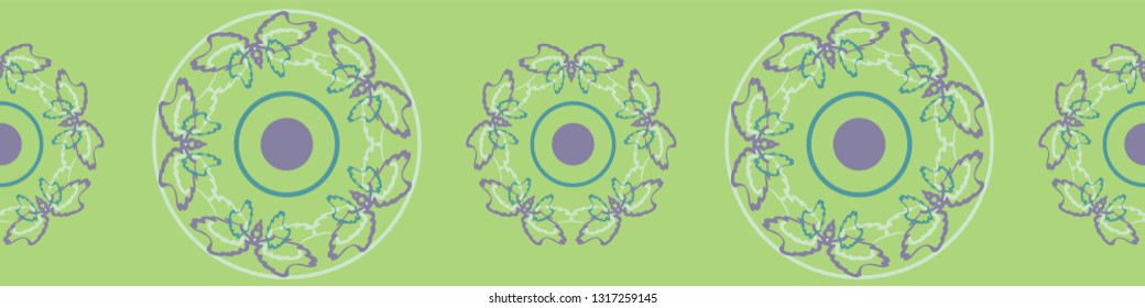 Pretty seamless vector border design featuring abstract butterfly  in a small mandala. Horizontal repeat, for fabric edging and trim, wallpaper border, ribbon, banner and party decorations.