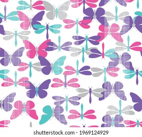 Pretty seamless vector butterfly and dragonfly pattern in a lovely, bright color scheme. Perfect for young girls.