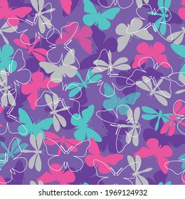 Pretty seamless vector butterfly and dragonfly pattern in a lovely, bright color scheme. Perfect for young girls.