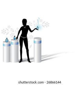 Pretty seller offering a bottle of perfume in shop (vector)