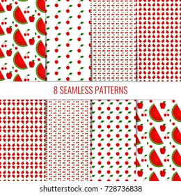 Pretty set of eight different seamless patterns in red colors. Flat cherries, apples and watermelons.