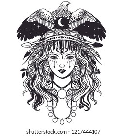 Pretty shaman with bird of prey. Vector hand drawn llustration