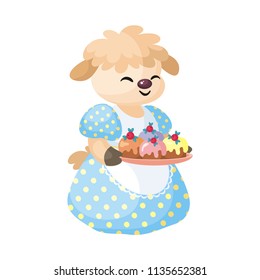 Pretty sheep with a dish of cupcakes in cartoon style. Vector illustration isolated on a white background.