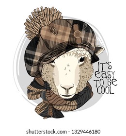 Pretty sheep with knitted scarf and checkered cap. Hand drawn illustration of dressed sheep. Vector illustration.