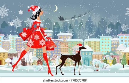 pretty shopping girl and santa dog