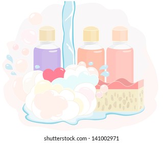 Pretty shower gel set with bottles of gel, soapy bubbles, a sponge and stream of running water in delicate muted pastel colours, illustration on white