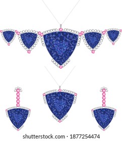 pretty Silver and blue diamond earrings pendant and necklace set 