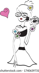 Pretty simple line art doodle nerdy hipster girl iwith glasses n dress with flowers, holding camera and dreaming about love, isolated on white background