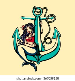 Pretty siren mermaid pin up girl sitting on anchor, sailor old school style tattoo vector illustration