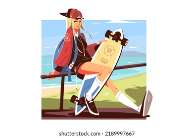 Pretty skater girl sit in park vector illustration. Teenager posing with skateboard, fashionably dressed flat style. Hobby, interest concept