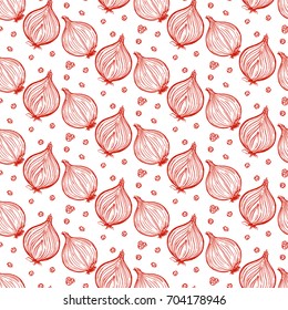 Pretty sketched seamless pattern made of hand drawn onion and black pepper.