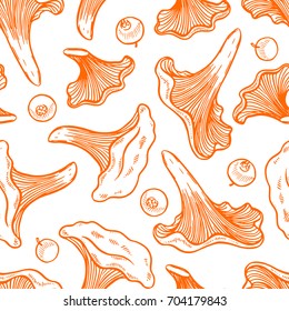 Pretty sketched seamless pattern made of hand drawn chanterelles and cranberries.