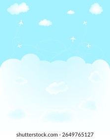 Cielo bonito con aviones y nubes esponjosas. Hermosa cubierta, fondo para su diseño, postal, Fondo de pantalla, Anuncio