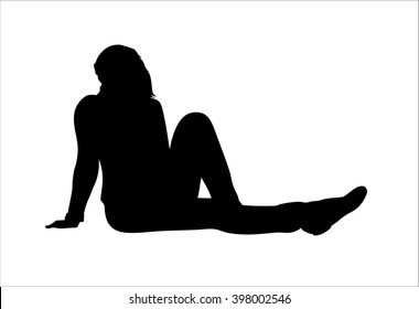 Pretty Slim Woman Sitting On The Ground. Vector Silhouette