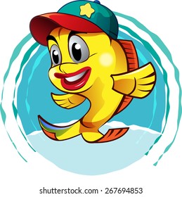 pretty small fish mascot hat color combination of red and turquoise with yellow star emblem mounted in hat.