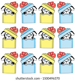Pretty small puppies and bow-tied gift boxes. Happy Birthday vector cartoon illustration, pattern. 