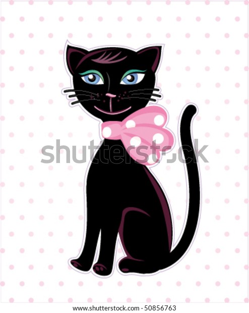 Pretty Smiling Black Cat Pink Bow Stock Vector (Royalty Free) 50856763