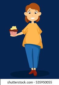 Pretty smiling girl holding a large cake. Vector cartoon illustration. Character