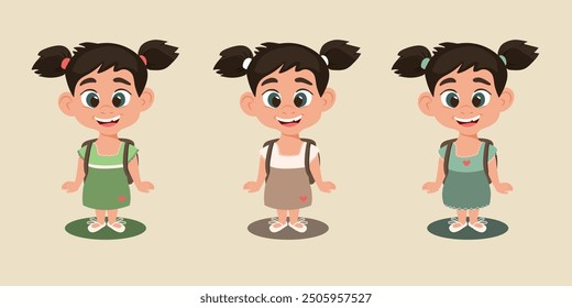 Muchacha sonriente bonita con las coletas que llevan en un vestido y con una mochila Pequeña. Personaje de chica de Vector plano con varias opciones de color para el vestido. Plantilla para el Sitio web, libro, cartel, concepto de la cubierta