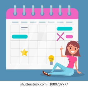 Pretty smiling girl sitting near big calendar. Planning events, meetings. Organizer or event planner with marked days. Plan at month. Organization time. Important events in calendar. Cartoon character