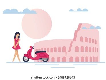 Pretty Smiling Lady in Dress Standing near Moped. Young Female and Scooter. Romantic Scene with Flat Famous Attraction. Exciting Motorcycle Trip. Looking for Love. Vector Cartoon Illustration