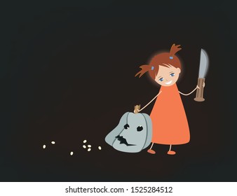 A pretty smiling little girl with a huge knife carries the big pumpking. Funny Halloween card, vector illustration, place for invitation or other text