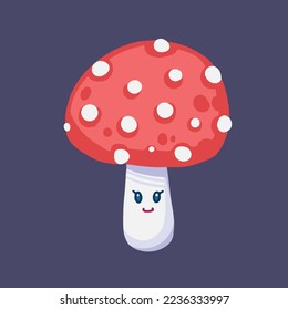 Pretty smiling red wild pretty forest mushroom vector avatar character mascot illustration isolated on plain dark gray background. Kawaii cute character drawing with cartoon flat art style.