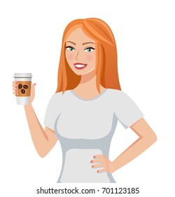 Pretty smiling redhead girl wit a coffee glass. Vector illustration