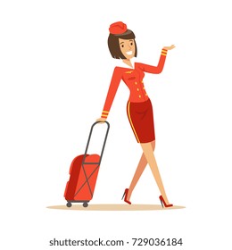 Pretty smiling stewardess carrying her luggage