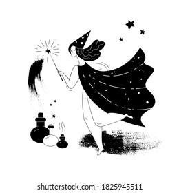 Pretty smiling witch in cape and hat with magic wand. Cute young sorceress conjures. Сomic style drawing. Black and white concept image. Contemporary graphic, stock vector illustration.