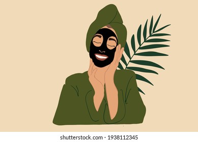 Mujer muy sonriente con máscara de carbono activado negro en la cara con albornoz verde y toalla con hoja verde en el fondo. Cuidado de piel limpio y desintoxicado. Ilustración vectorial.